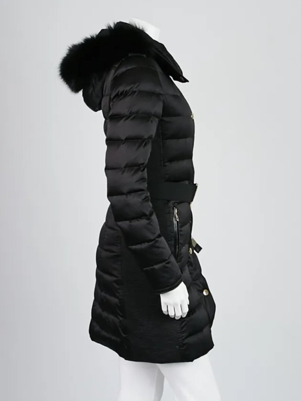 Burberry London Black Quilted Down Fox Fur Hooded Puffer Belted - Size 4. - Picture 2 of 14
